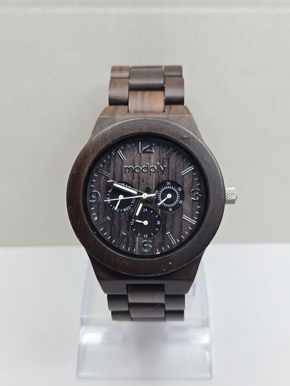 Mens Modply Harvard Natural Silver Blackwood 45mm Day Date Watch New Battery
